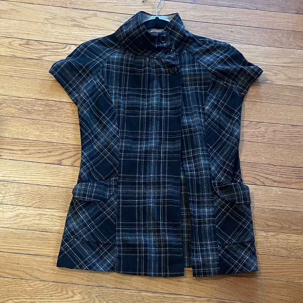 Plaid Short Sleeve Jacket Black Gray Button Front Size S